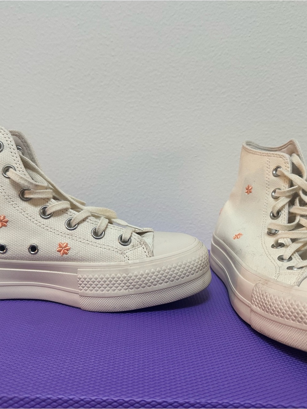 Cream High-Top Canvas Sneakers with Peach Embroidery - Women